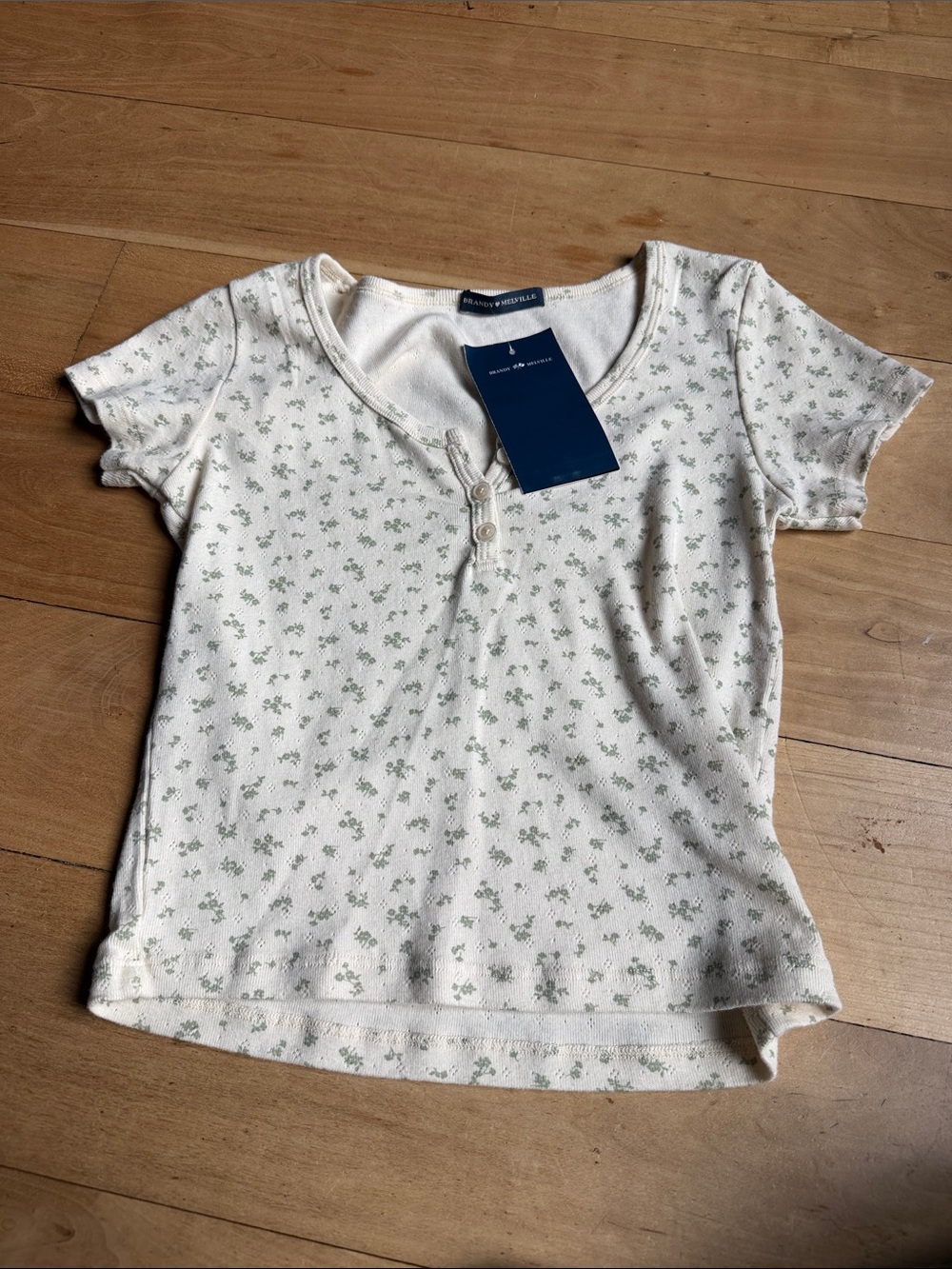 Brandy Melville Cream Short Sleeve Tee with Green Floral Print